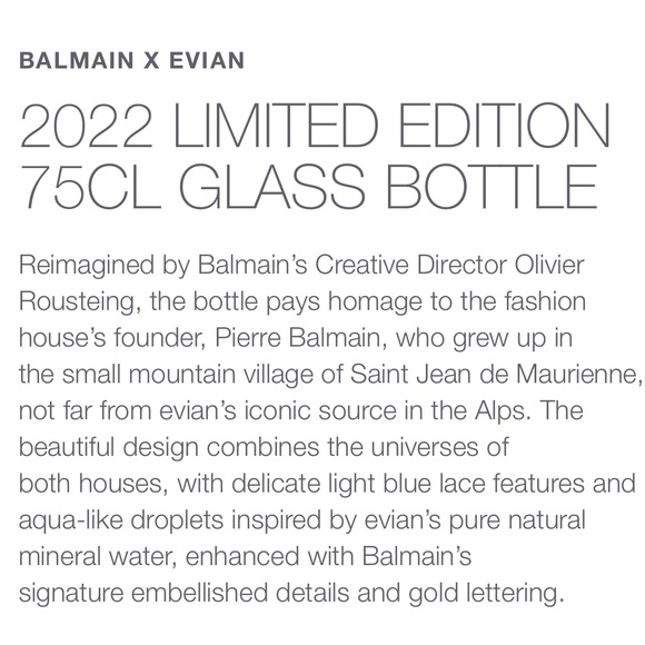 BALMAIN X EVIAN 2022 LIMITED EDITION 75CL GLASS BOTTLE unopened SET OF 2 - Picture 3 of 9